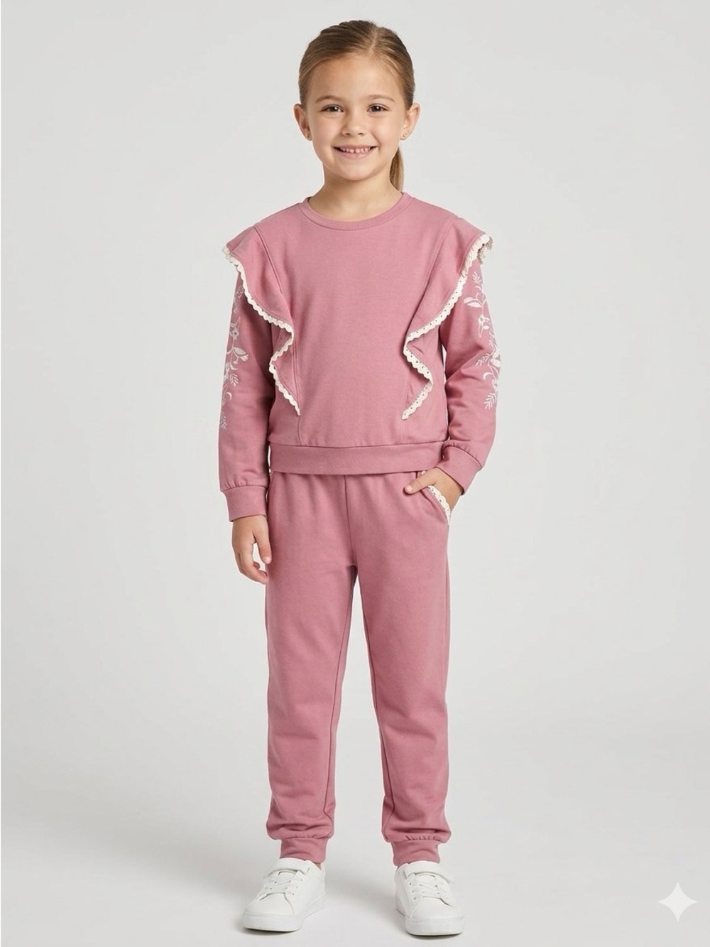 Jessica Simpson Pink Ruffle-Trim Floral Sleeve Sweat Set